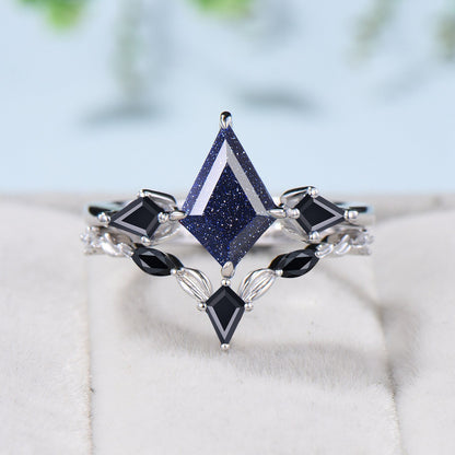 Minimalist Starry Sky Kite Cut Blue Sandstone Engagement Ring Set Black Stone Galaxy Bridal Ring Set Antique Art Deco Wedding Ring Set Women - PENFINE