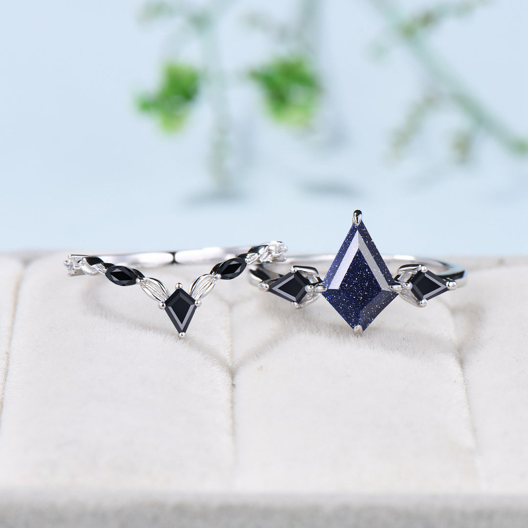 Minimalist Starry Sky Kite Cut Blue Sandstone Engagement Ring Set Black Stone Galaxy Bridal Ring Set Antique Art Deco Wedding Ring Set Women - PENFINE