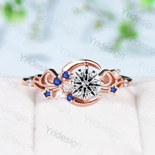 Unique 5mm Round Brilliant Diamond Engagement Ring Vintage Moon IGI Certificate Lab Grown Diamond  Sapphire Wedding Ring for Women Platinum - PENFINE