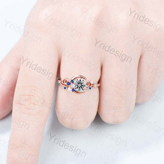 Unique 5mm Round Brilliant Diamond Engagement Ring Vintage Moon IGI Certificate Lab Grown Diamond Sapphire Wedding Ring for Women Platinum - PENFINE