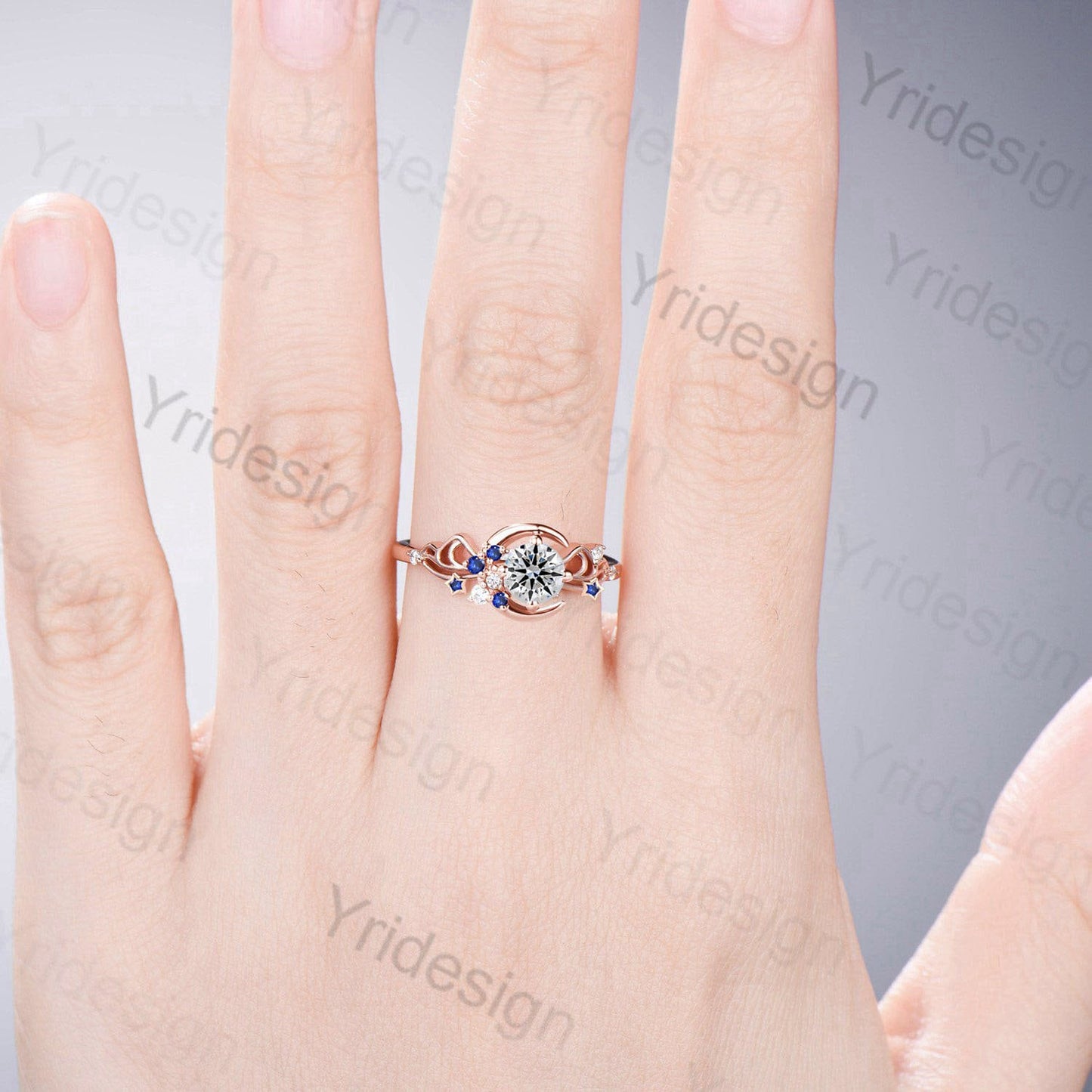 Unique 5mm Round Brilliant Diamond Engagement Ring Vintage Moon IGI Certificate Lab Grown Diamond  Sapphire Wedding Ring for Women Platinum - PENFINE