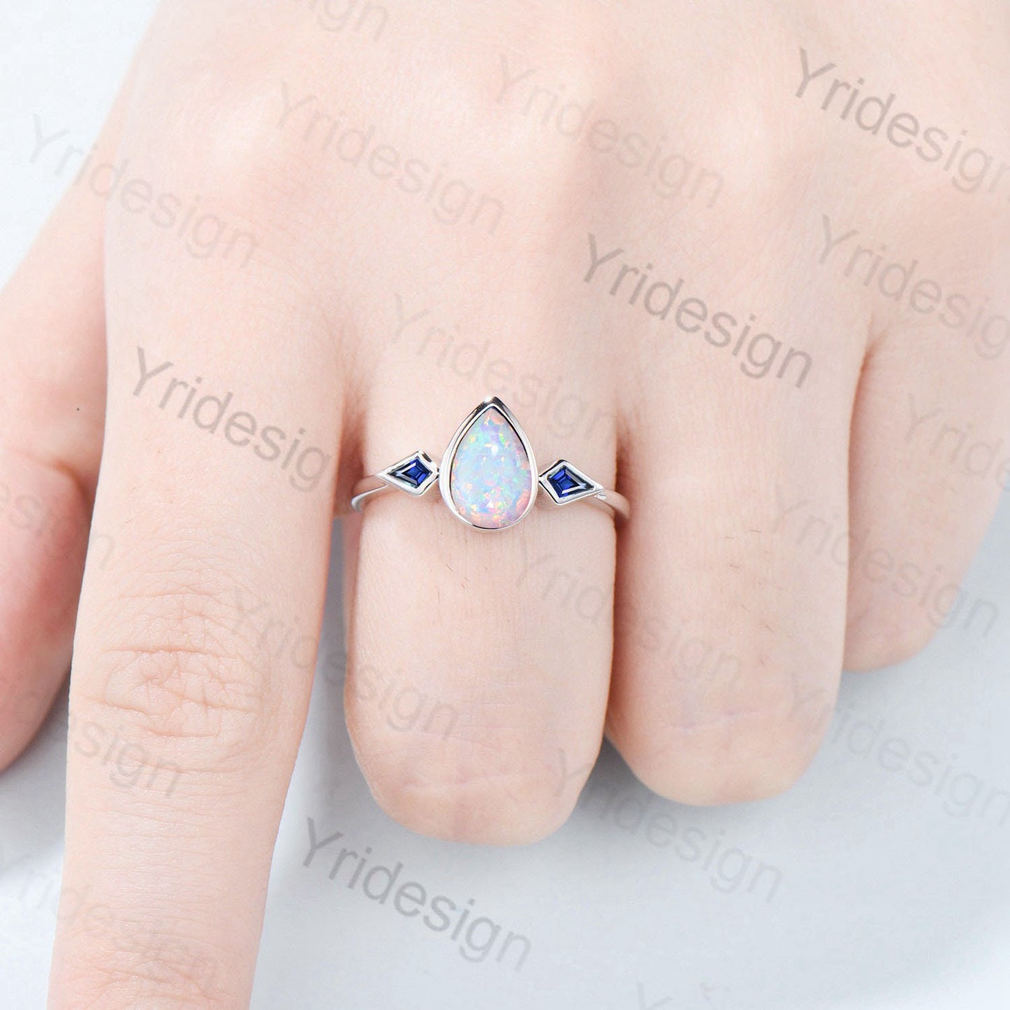 Bezel Set Opal Ring Pear Shaped White Opal Engagement Ring Vintage Minimalist Opal Sapphire Wedding Ring For Women Three Stone Promise Ring - PENFINE