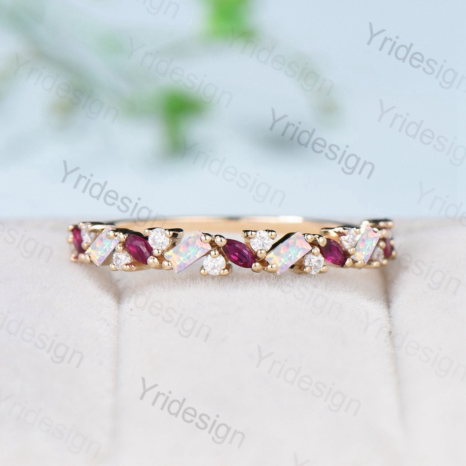 Vintage Fire Opal Ruby Eternity Wedding Band Women Unique Baguette White Opal Stackable Ring Marquise Ruby Matching Band Anniversary Gift - PENFINE