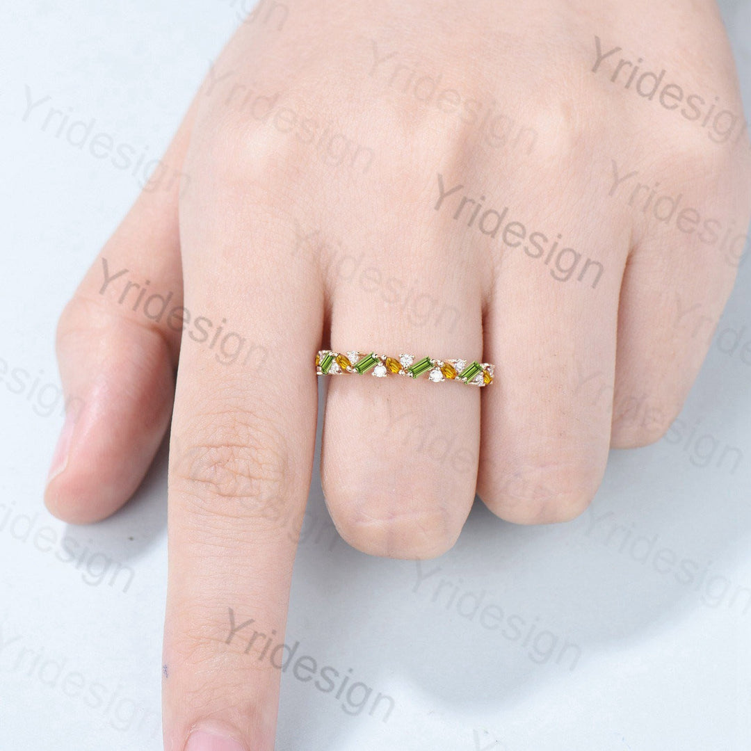 Vintage Peridot Citrine Eternity Wedding Band Women Unique Baguette  Peridot Stackable Ring Unique Art Deco Matching Band Anniversary Gift - PENFINE