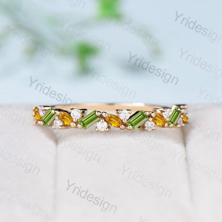 Vintage Peridot Citrine Eternity Wedding Band Women Unique Baguette  Peridot Stackable Ring Unique Art Deco Matching Band Anniversary Gift - PENFINE