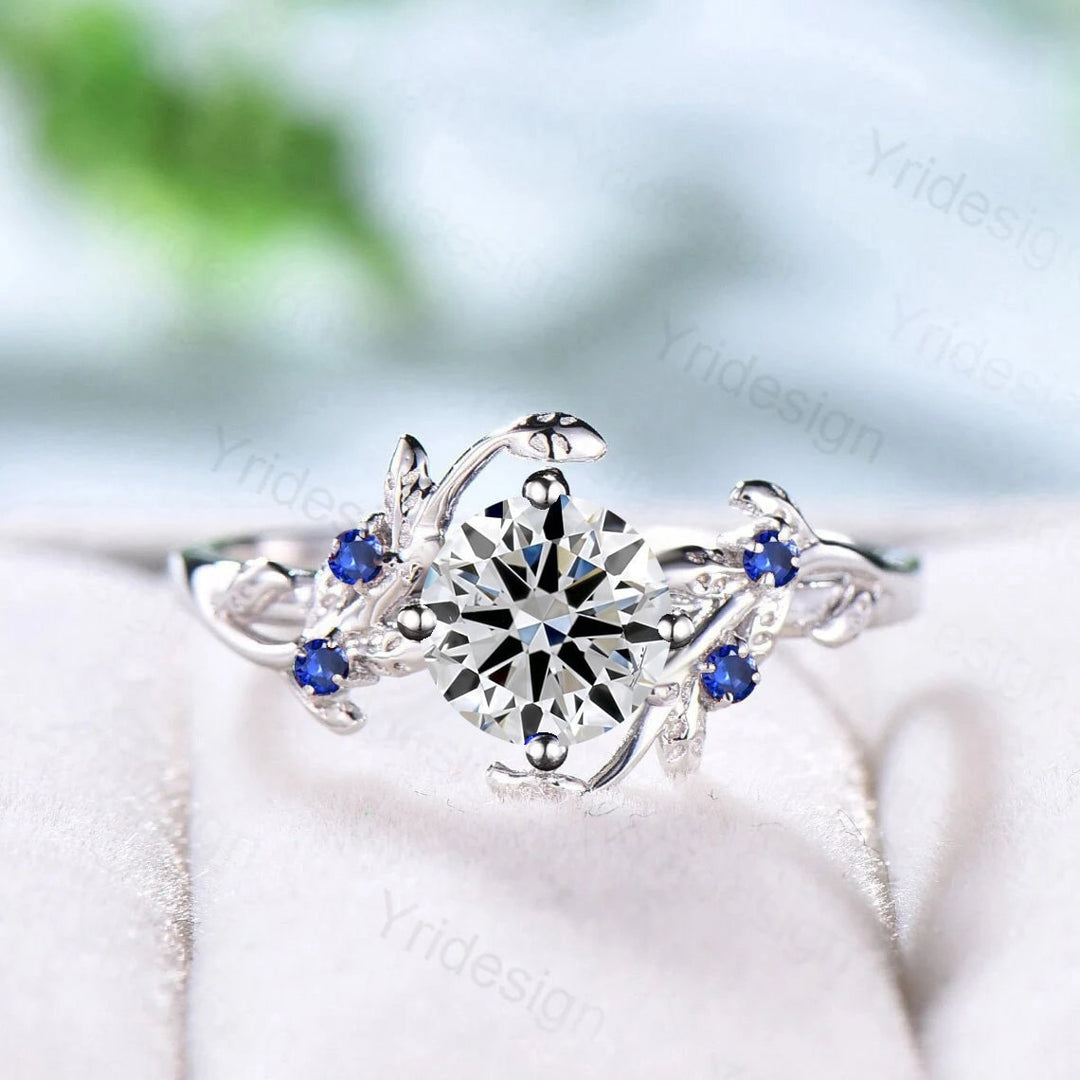 Nature Inspired Diamond Engagement Ring IGI Certificate Lab Grown Diamond Ring Oval Diamond Blue Sapphire Wedding Ring Handmade Leaf Ring - PENFINE