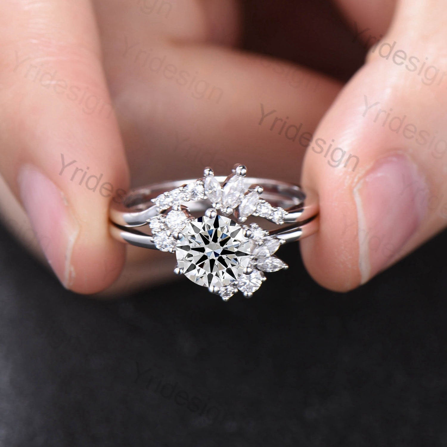 7mm Round Brilliant Diamond Engagement Ring Set Unique Snowflake Lab Grown Diamond IGI Certificate Wedding Ring for Women Promise Gift - PENFINE