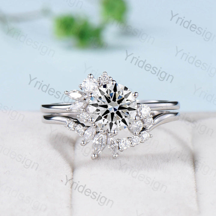 7mm Round Brilliant Diamond Engagement Ring Set Unique Snowflake Lab Grown Diamond IGI Certificate Wedding Ring for Women Promise Gift - PENFINE