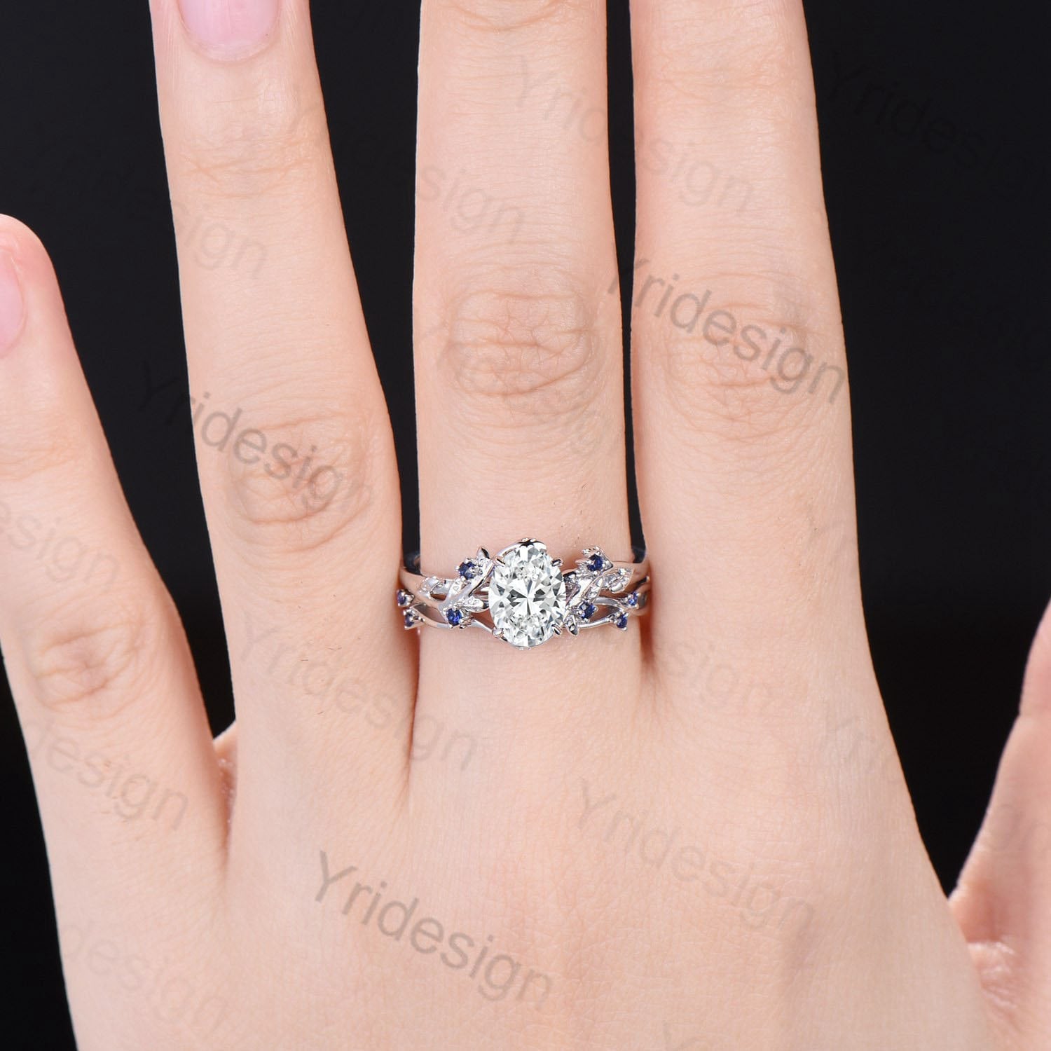 Natural Inspired Lab Grown Diamond Engagement Ring Set Certificate 1.5CT Oval Lab Diamond Wedding Ring Set Cluster Leaf Branch Bridal Set - PENFINE