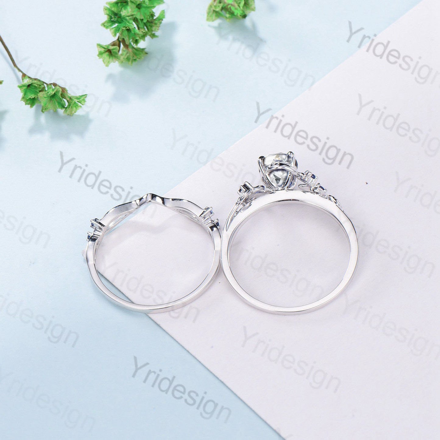 Natural Inspired Lab Grown Diamond Engagement Ring Set Certificate 1.5CT Oval Lab Diamond Wedding Ring Set Cluster Leaf Branch Bridal Set - PENFINE