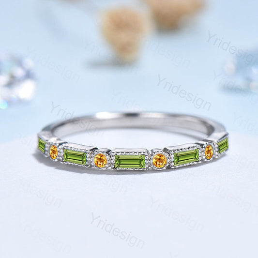 Vintage Peridot Wedding Band, Baguette cut wedding ring for women, Unique Citrine Stacking Matching Bridal ring, Anniversary band ring
