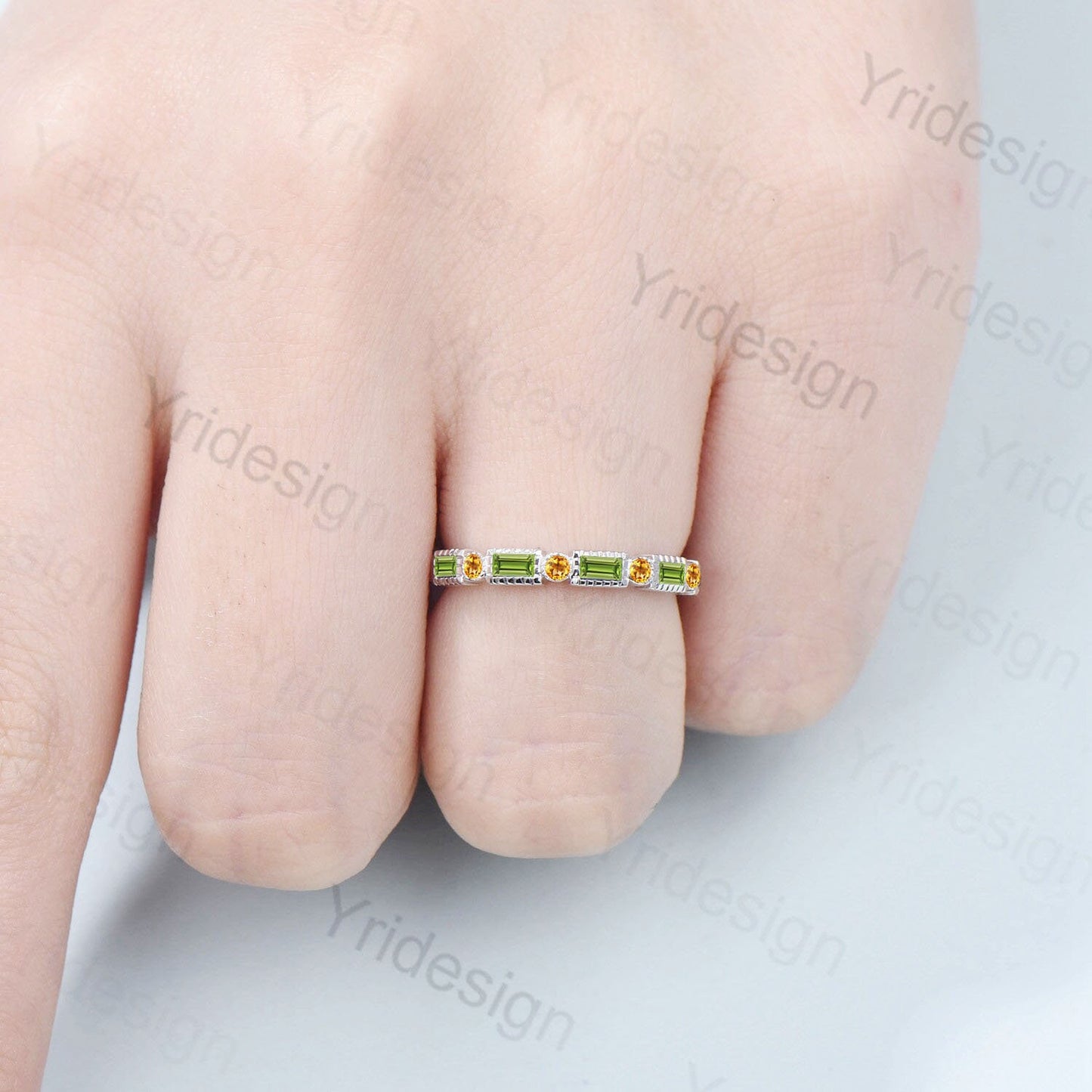 Vintage Peridot Wedding Band, Baguette cut wedding ring for women, Unique Citrine Stacking Matching Bridal ring, Anniversary band ring - PENFINE