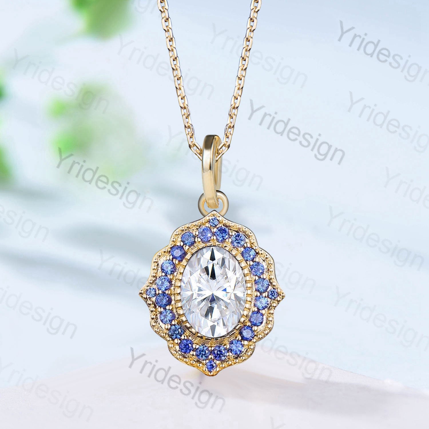 Ladies Vintage Sapphire and Diamond Pendant in Yellow Gold