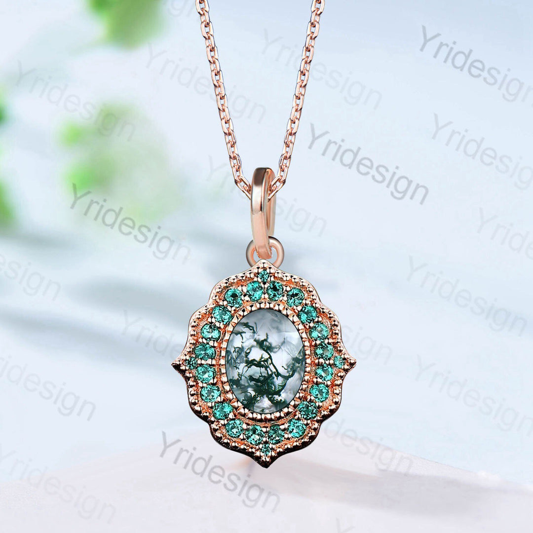 Vintage Moss Agate Pendant Necklace Unique Halo Emerald Green Agate Necklace Pendant Unique Necklace For Women  Elegant Anniversary Gift - PENFINE