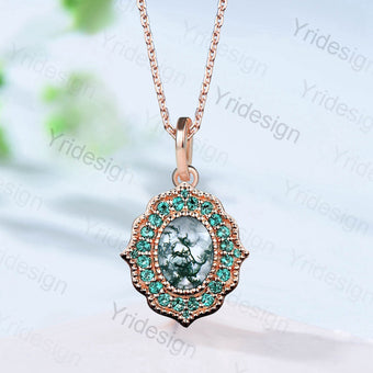 Vintage Moss Agate Pendant Necklace Unique Halo Emerald Green Agate Necklace Pendant Unique Necklace For Women  Elegant Anniversary Gift - PENFINE