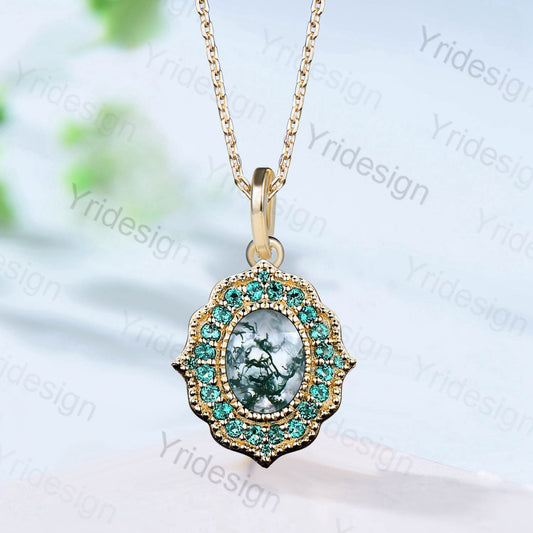 Vintage Moss Agate Pendant Necklace Unique Halo Emerald Green Agate Necklace Pendant Unique Necklace For Women Elegant Anniversary Gift - PENFINE