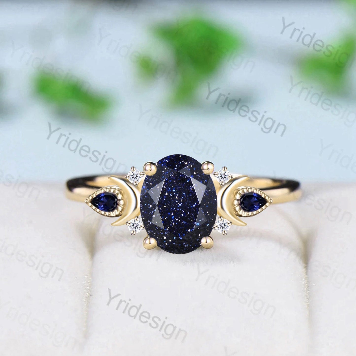 Vintage Moon Blue Sandstone Ring Uniqu Blue Goldstone Engagement Ring Alternative Cluster Sapphire Moissanite Wedding Ring For Women - PENFINE
