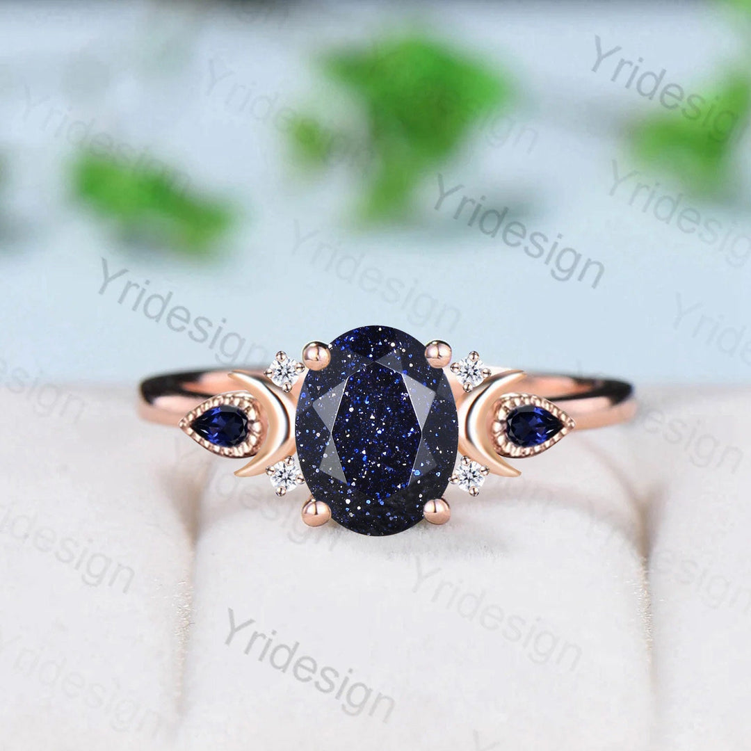 Vintage Moon Blue Sandstone Ring Uniqu Blue Goldstone Engagement Ring Alternative Cluster Sapphire Moissanite Wedding Ring For Women - PENFINE