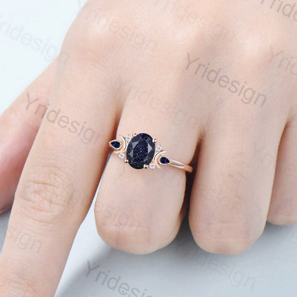Vintage Moon Blue Sandstone Ring Uniqu Blue Goldstone Engagement Ring Alternative Cluster Sapphire Moissanite Wedding Ring For Women - PENFINE