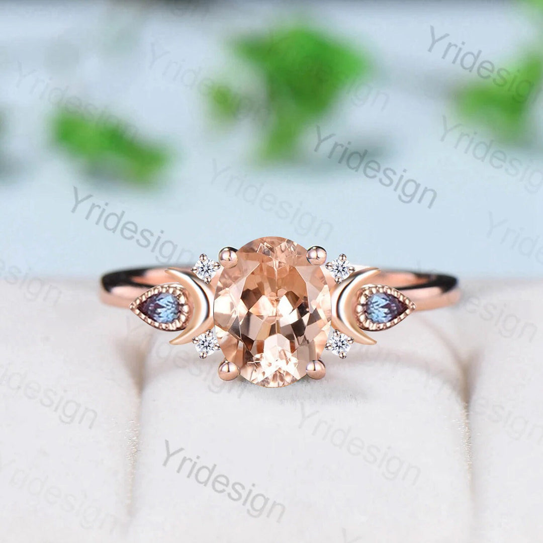 1.5CT Oval Natural Morganite Ring Vintage Moon Morganite Engagement Ring Alternative Cute Alexandrite Moissanite Wedding Ring For Women - PENFINE