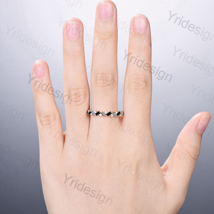 Vintage Black Rutilated Quartz Eternity Wedding Band Women Unique Baguette Spinel Stackable Ring Art Deco Matching Band Anniversary Gift - PENFINE