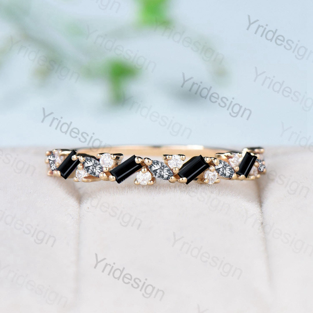 Vintage Black Rutilated Quartz Eternity Wedding Band Women Unique Baguette Spinel Stackable Ring Art Deco Matching Band Anniversary Gift - PENFINE