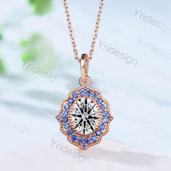 Solid 18K Gold Diamond pendant necklace vintage sapphire necklace delicate oval cut forever one moissanite pendant Anniversary Gift Women - PENFINE