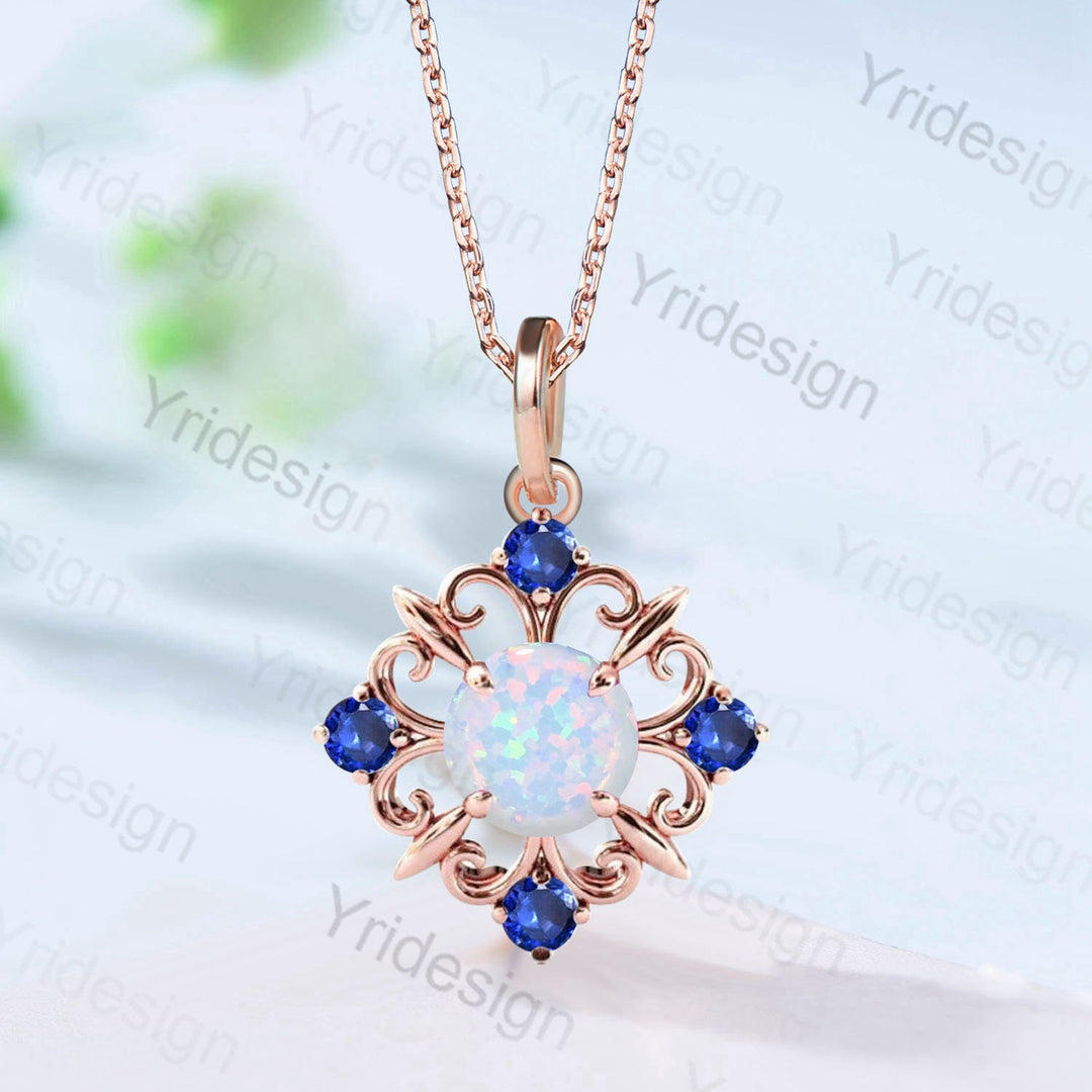 Vintage Opal Sapphire Pendant Necklace Unique Unique Nature Inspired Fire Opal Pendant 14K/18K Rose Gold Necklace For Women Birthday Gift - PENFINE