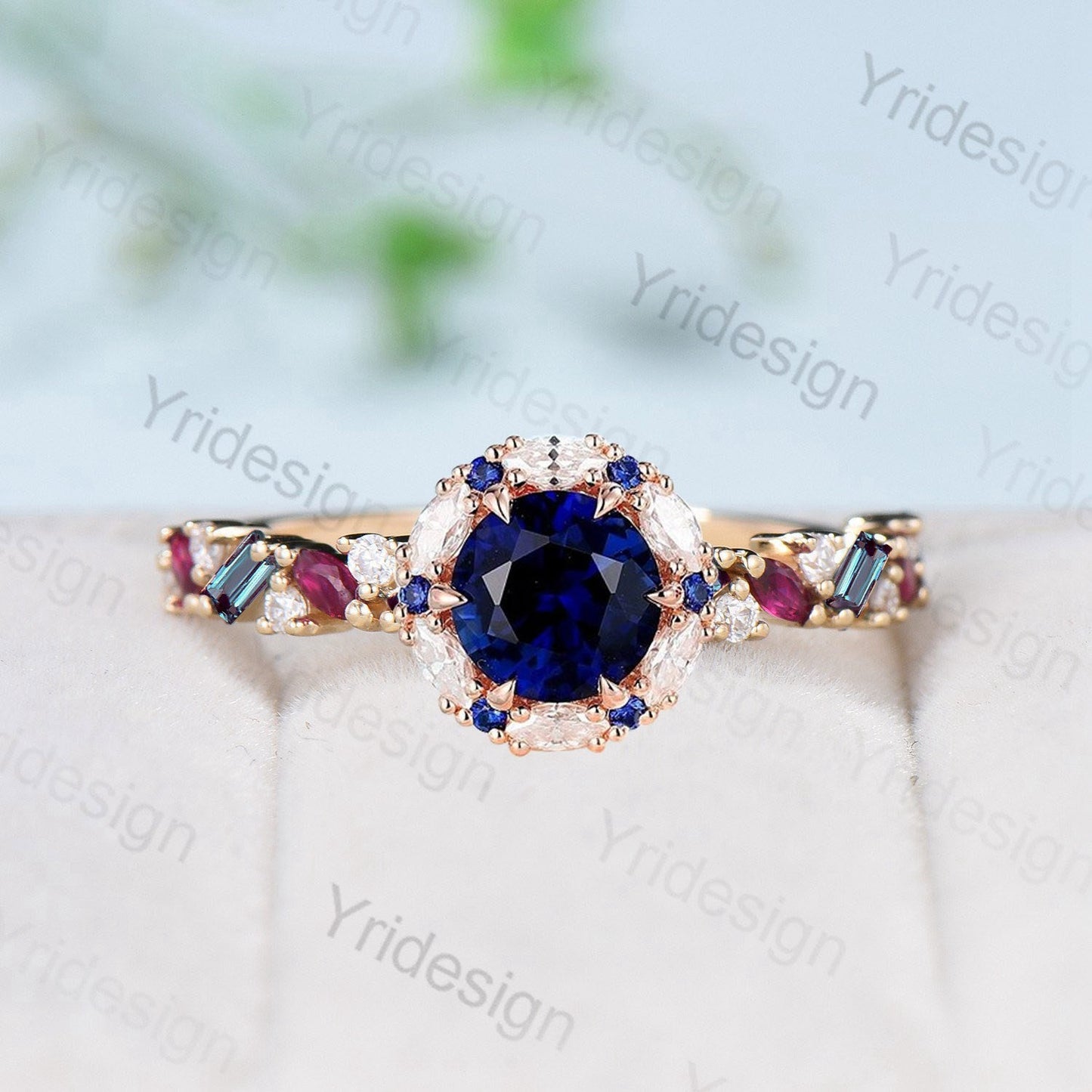 Unique multi-stone blue sapphire engagement ring, Baguette cut alexandrite and marquise ruby wedding band ring, halo sapphire moissanite - PENFINE