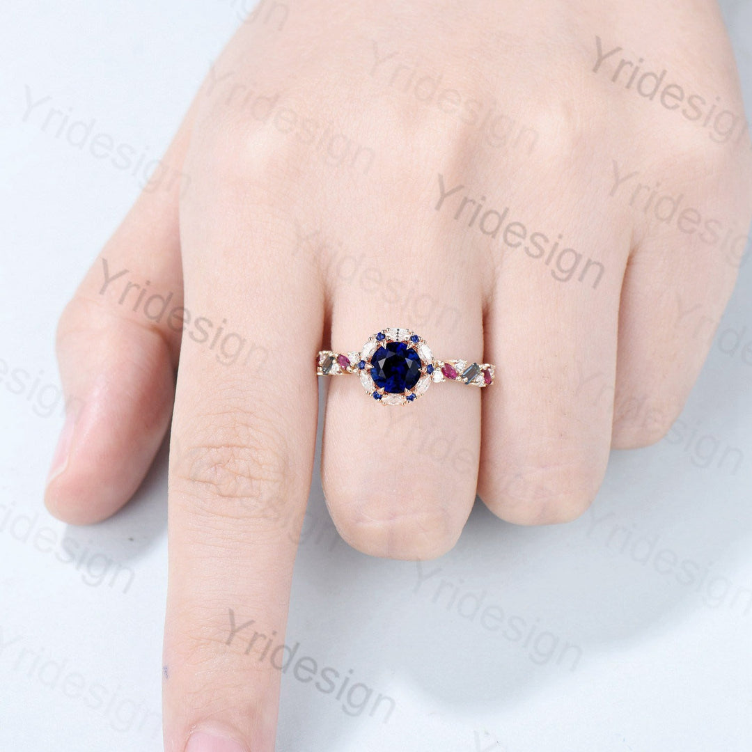 Unique multi-stone blue sapphire engagement ring, Baguette cut alexandrite and marquise ruby wedding band ring, halo sapphire moissanite - PENFINE