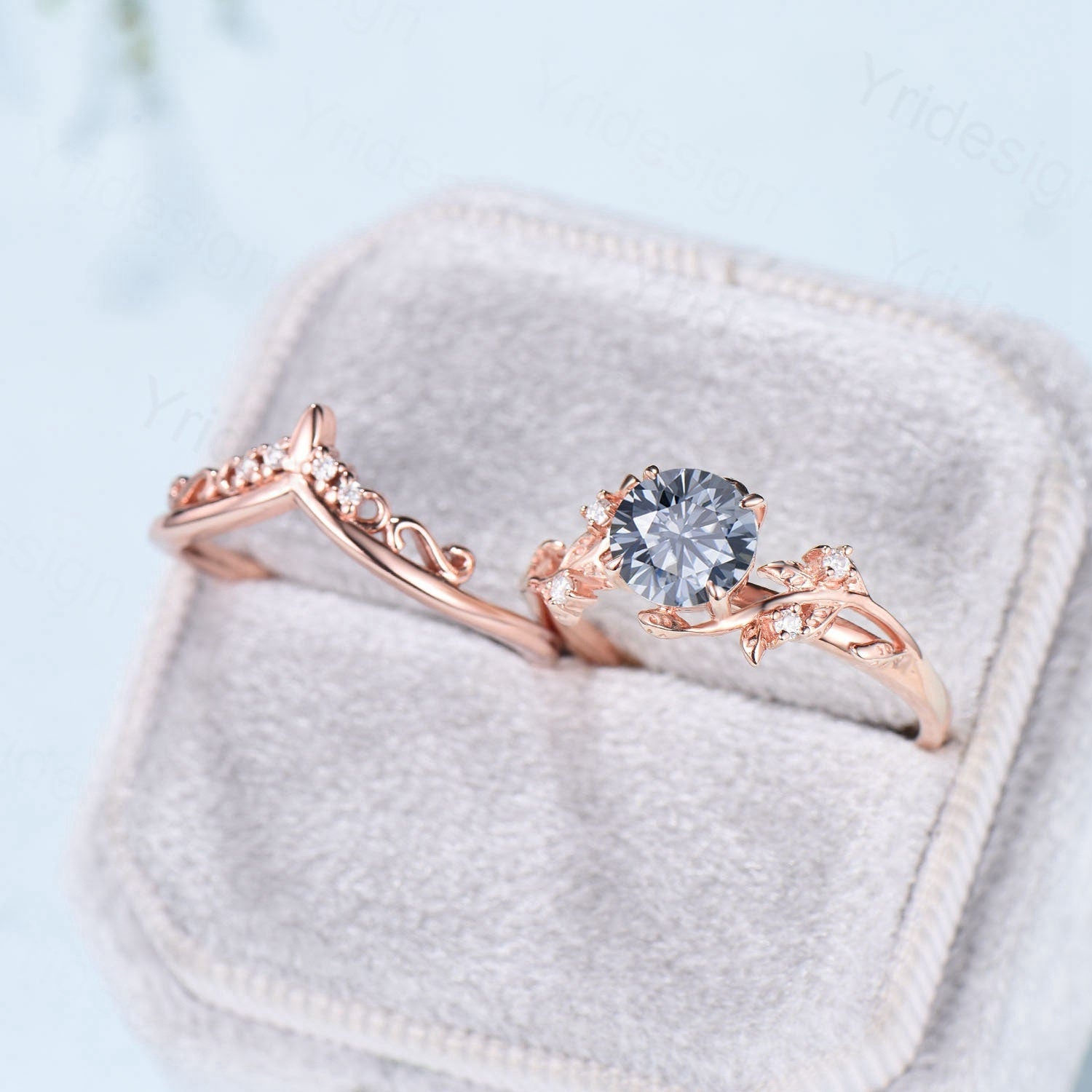 Leaf Twig Gray Moissanite Engagement Ring Set Platinum Moissanite Ring Nature Inspired Leaves Wedding Ring for Women Unique Bridal Ring Set - PENFINE