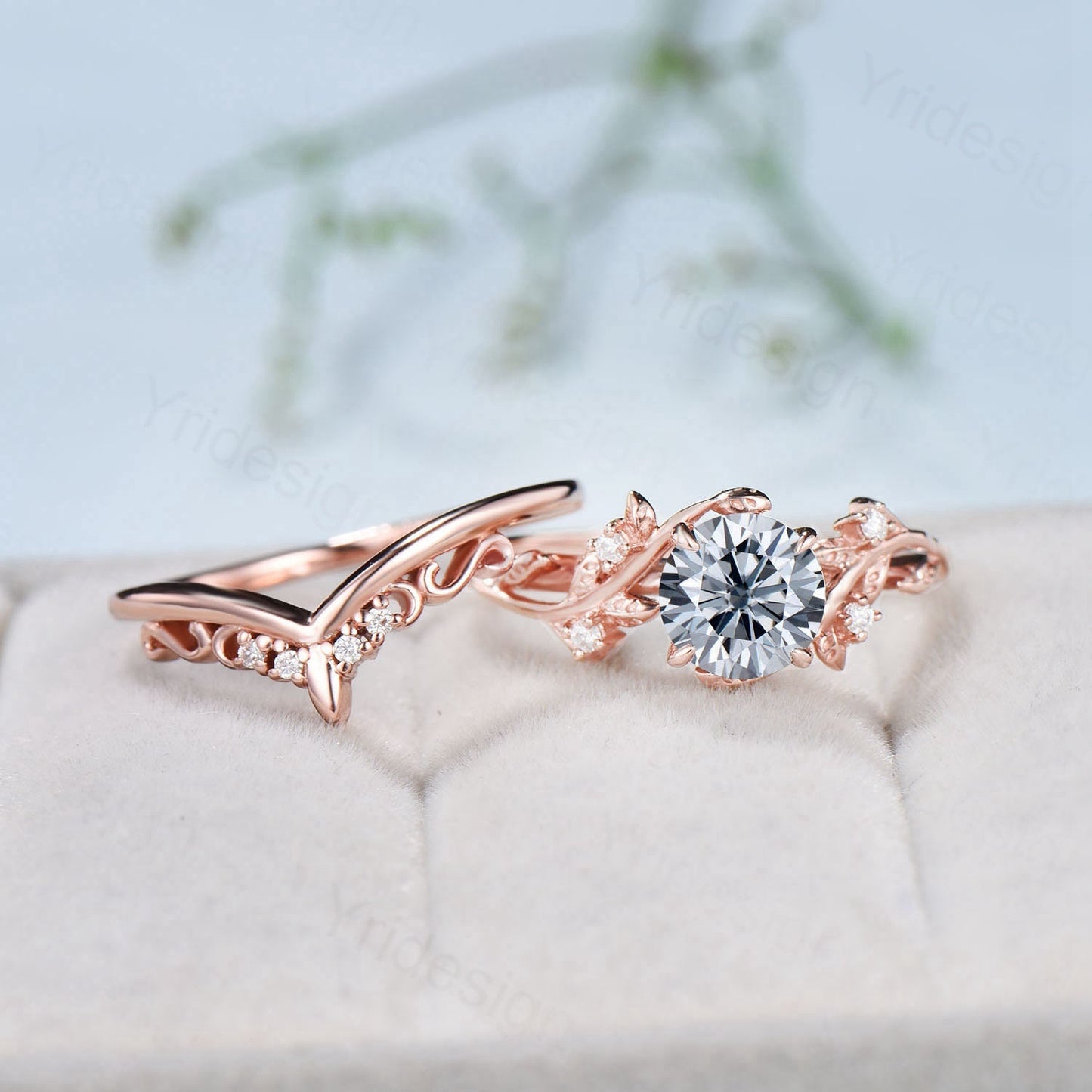 Leaf Twig Gray Moissanite Engagement Ring Set Platinum Moissanite Ring Nature Inspired Leaves Wedding Ring for Women Unique Bridal Ring Set - PENFINE