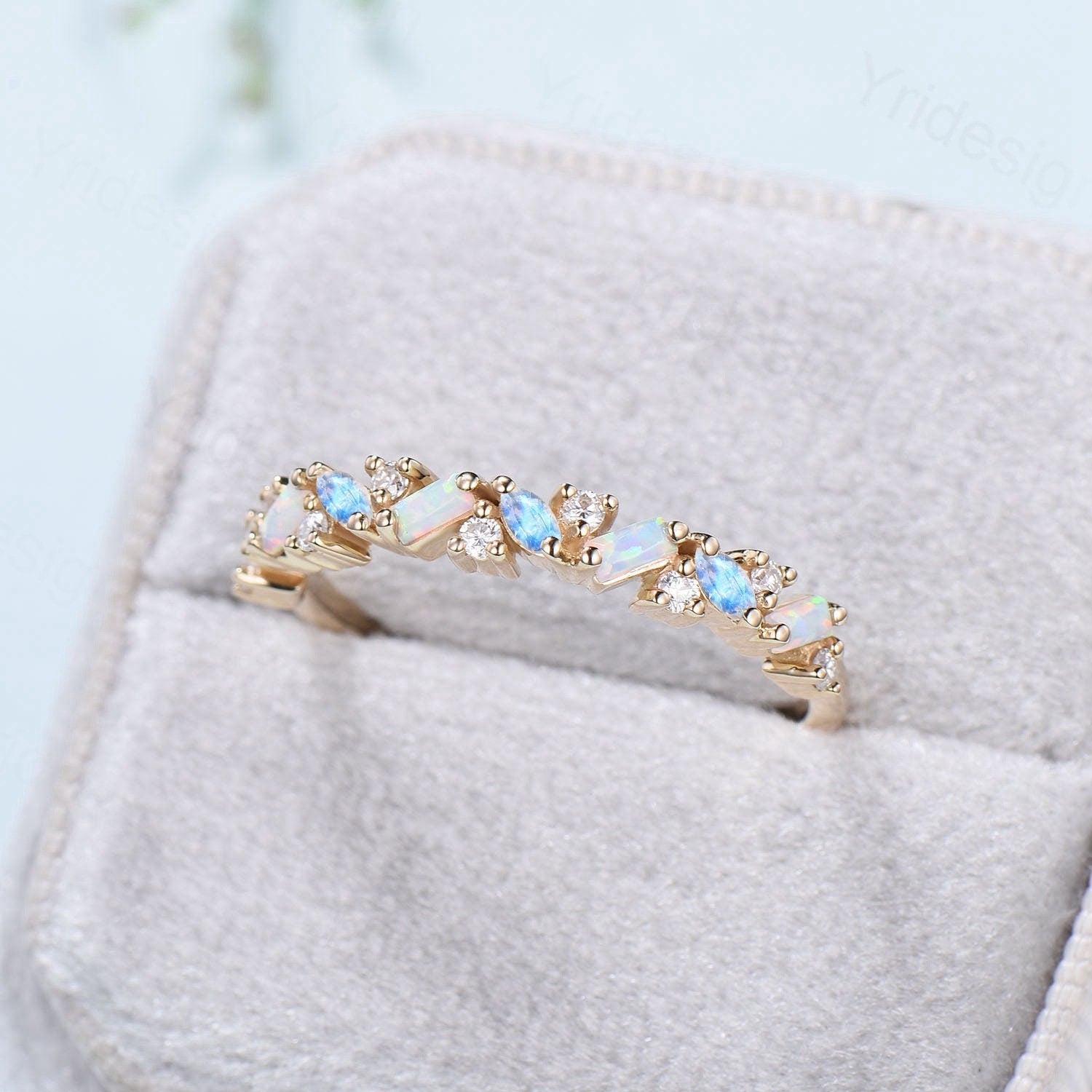 Vintage Opal Moonstone Eternity Wedding Band Women Unique Baguette  White Opal Stackable Ring Art Deco Matching Band Anniversary Gift - PENFINE