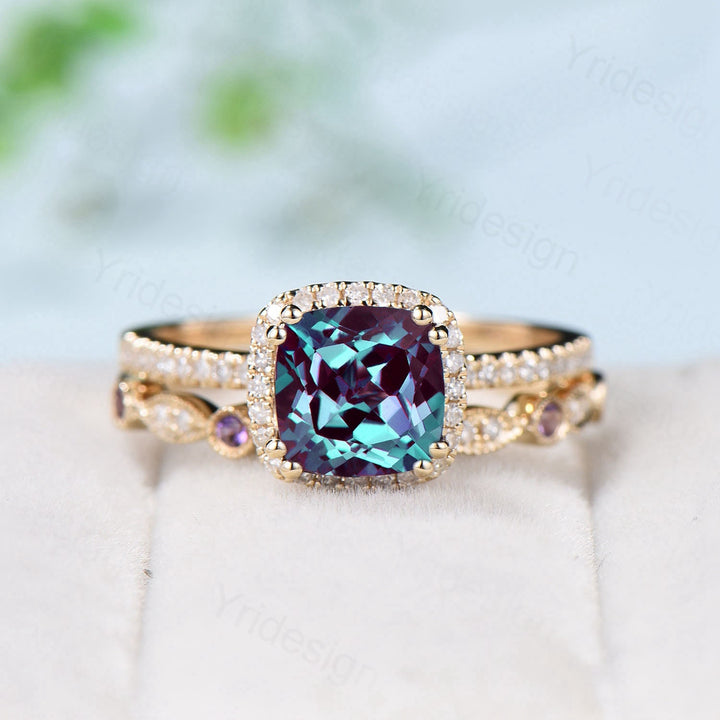 Vintage Cushion alexandrite wedding ring set 14k rose gold classic alexandrite diamond engagement ring women Antique halo ring bridal set - PENFINE