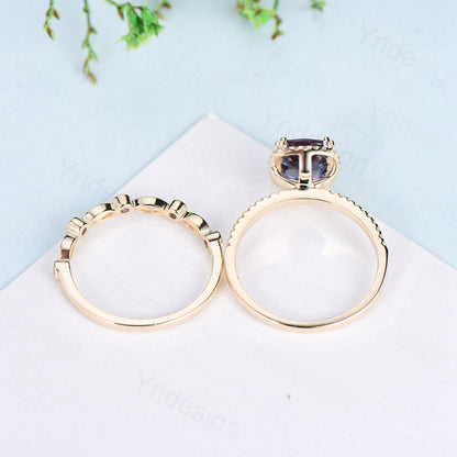 Vintage Cushion alexandrite wedding ring set 14k rose gold classic alexandrite diamond engagement ring women Antique halo ring bridal set - PENFINE