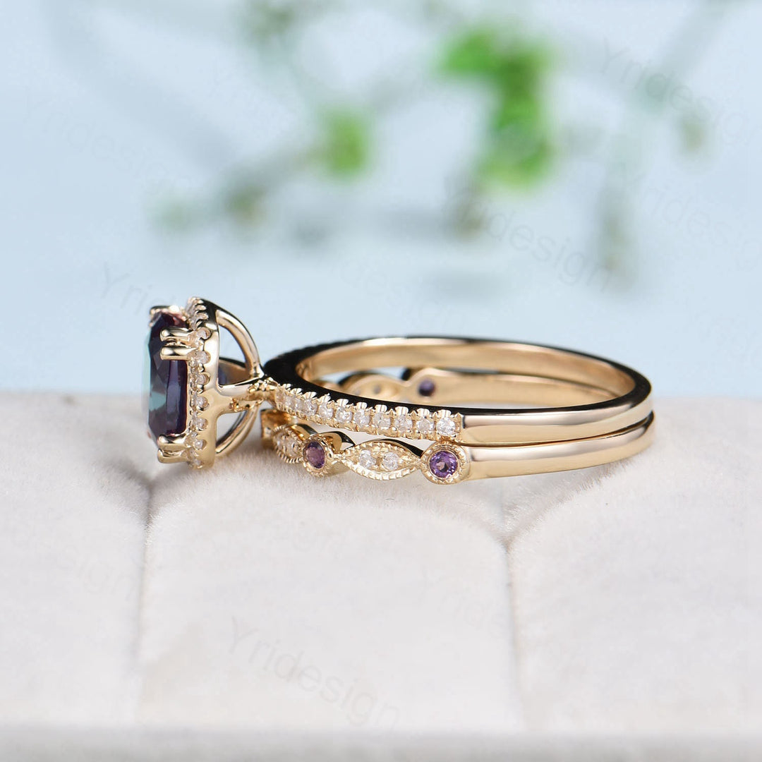 Vintage Cushion alexandrite wedding ring set 14k rose gold classic alexandrite diamond engagement ring women Antique halo ring bridal set - PENFINE