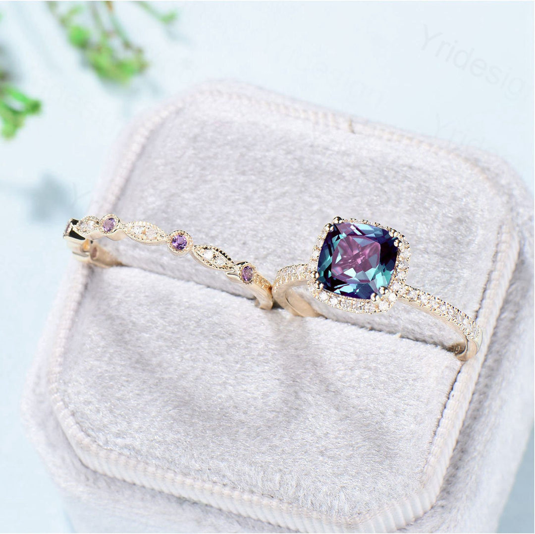 Vintage Cushion alexandrite wedding ring set 14k rose gold classic alexandrite diamond engagement ring women Antique halo ring bridal set - PENFINE