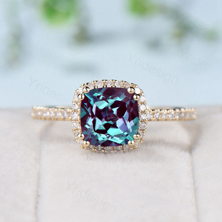 Vintage Cushion alexandrite wedding ring set 14k rose gold classic alexandrite diamond engagement ring women Antique halo ring bridal set - PENFINE