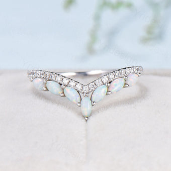 Fire Opal Wedding Ring Women Unique White Opal Wedding Band Rose Gold Vintage Curved V Marquise Opal Matching Stacking Ring Anniversary Gift - PENFINE