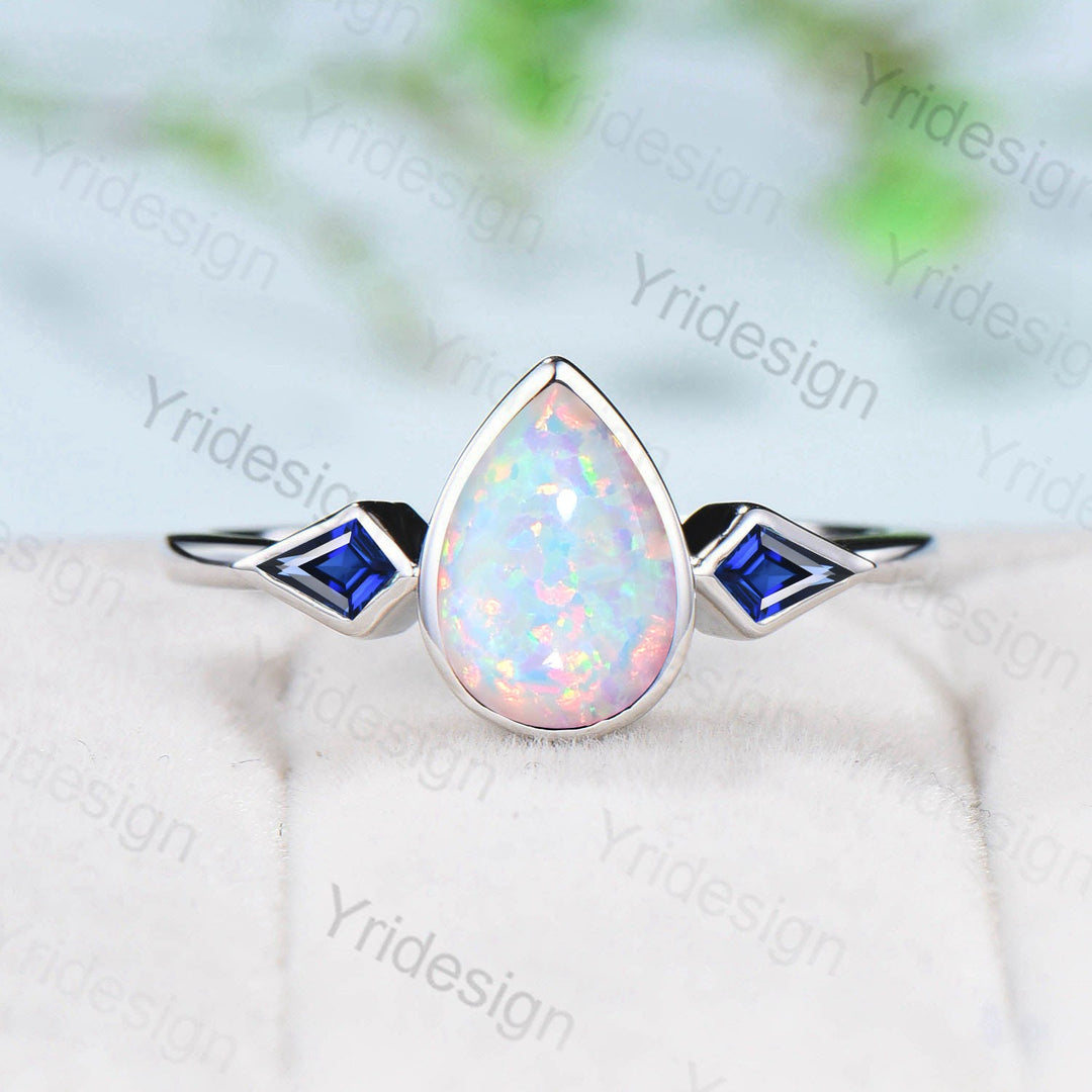 Bezel Set Opal Ring Pear Shaped White Opal Engagement Ring Vintage Minimalist Opal Sapphire Wedding Ring For Women Three Stone Promise Ring - PENFINE