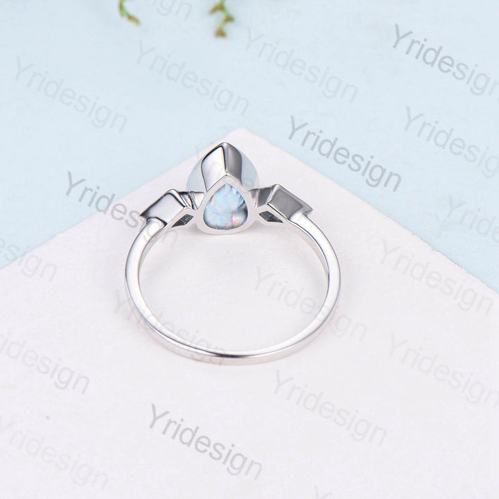 Bezel Set Opal Ring Pear Shaped White Opal Engagement Ring Vintage Minimalist Opal Sapphire Wedding Ring For Women Three Stone Promise Ring - PENFINE
