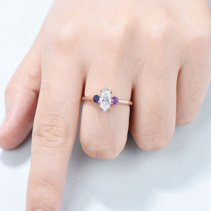 Dainty Marquise cut moissanite engagement ring rose gold Minimalist three stone engagement rings sapphire amethyst promise ring for women - PENFINE