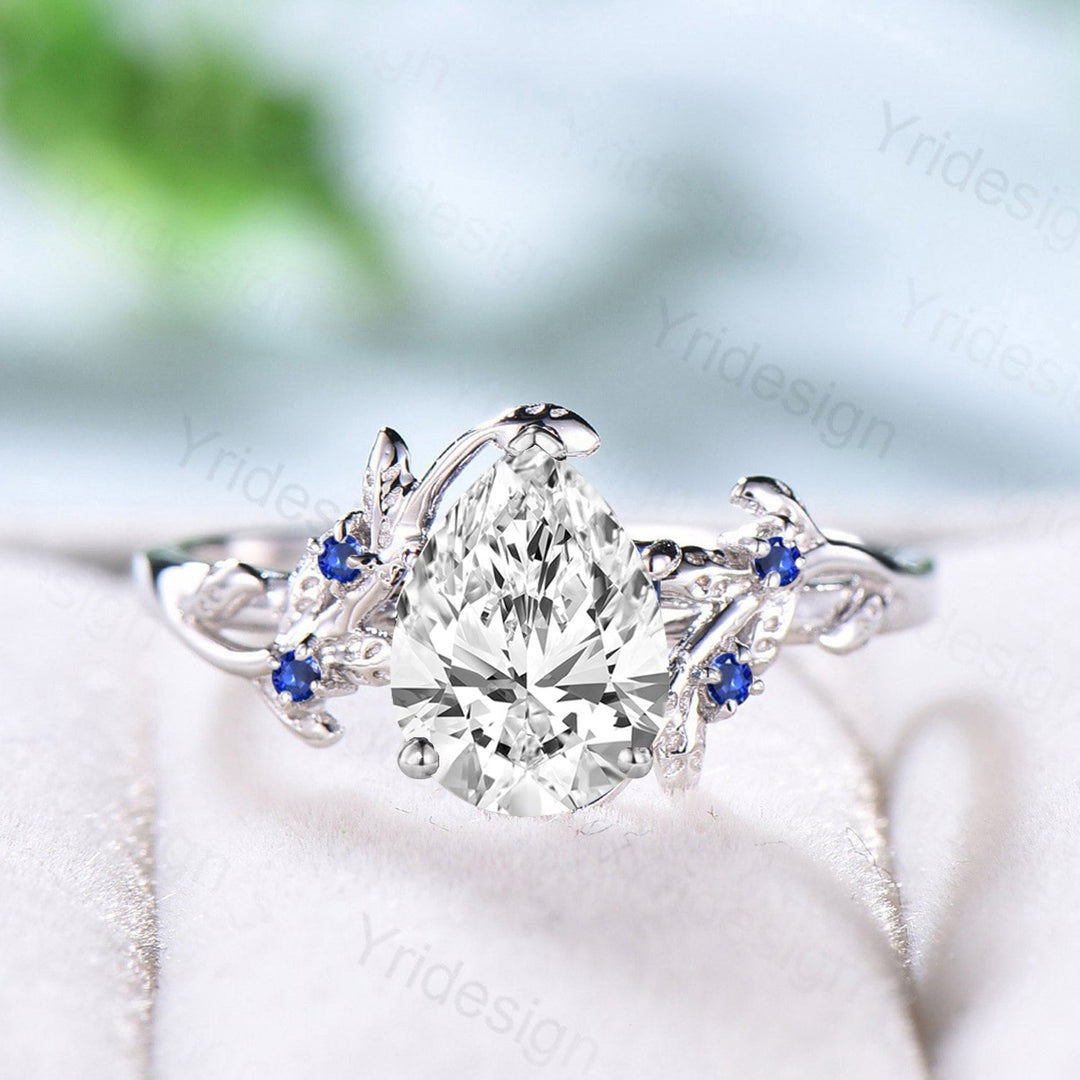 Nature Inspired Diamond Engagement Ring IGI Certificate Lab Grown Diamond Ring Oval Diamond Blue Sapphire Wedding Ring Handmade Leaf Ring - PENFINE