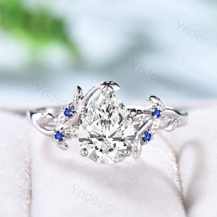 Nature Inspired Diamond Engagement Ring IGI Certificate Lab Grown Diamond Ring Oval Diamond Blue Sapphire Wedding Ring Handmade Leaf Ring - PENFINE