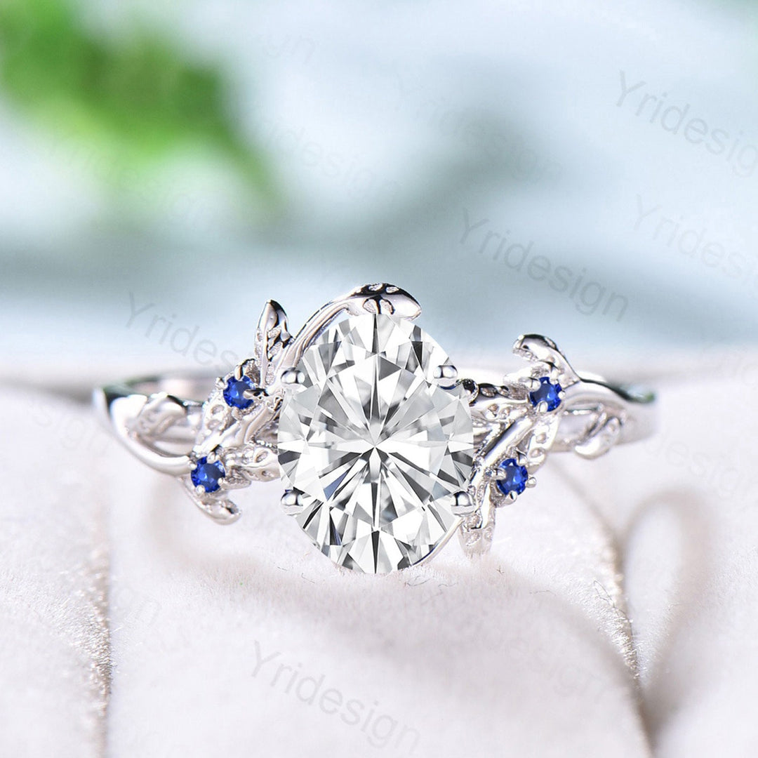 Nature Inspired Diamond Engagement Ring IGI Certificate Lab Grown Diamond Ring Oval Diamond Blue Sapphire Wedding Ring Handmade Leaf Ring - PENFINE