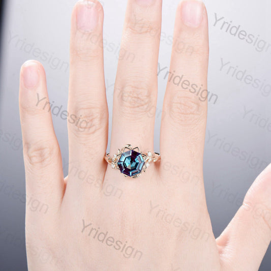 Floral Leaves Alexandrite engagement ring nature inspired Octagon cut color change alexandrite diamond anniversary wedding ring for women - PENFINE