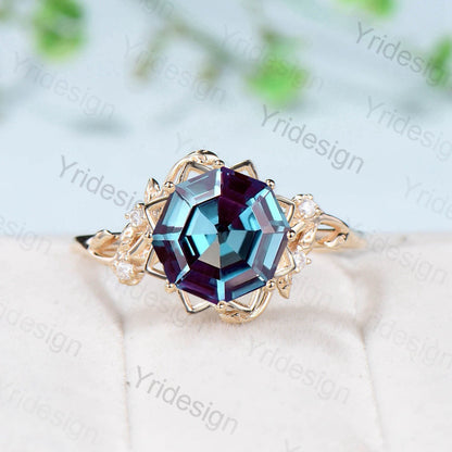 Floral Leaves Alexandrite engagement ring nature inspired Octagon  cut color change alexandrite diamond anniversary wedding ring for women - PENFINE