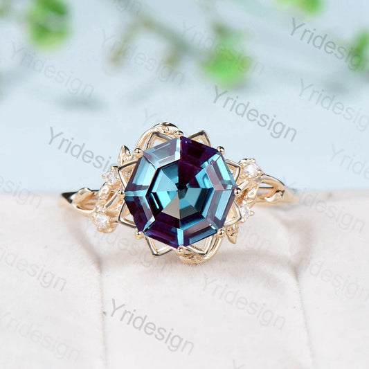 Floral Leaves Alexandrite engagement ring nature inspired Octagon  cut color change alexandrite diamond anniversary wedding ring for women