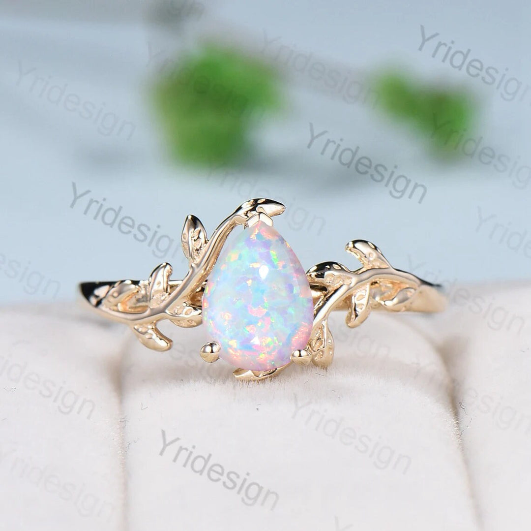 Nature Inspired Fire Opal Engagement Ring 14K Yellow Gold Pear Shaped White Opal Sapphire Ring For Women Floral Twig Leaf Engagement Ring - PENFINE