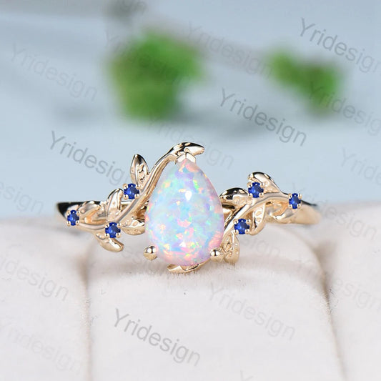 Nature Inspired Fire Opal Engagement Ring 14K Yellow Gold Pear Shaped White Opal Sapphire Ring For Women Floral Twig Leaf Engagement Ring